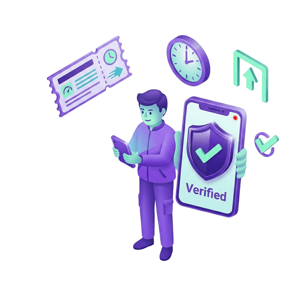 A worker holding a phone displaying a verified badge, with a fast-pass card flying past