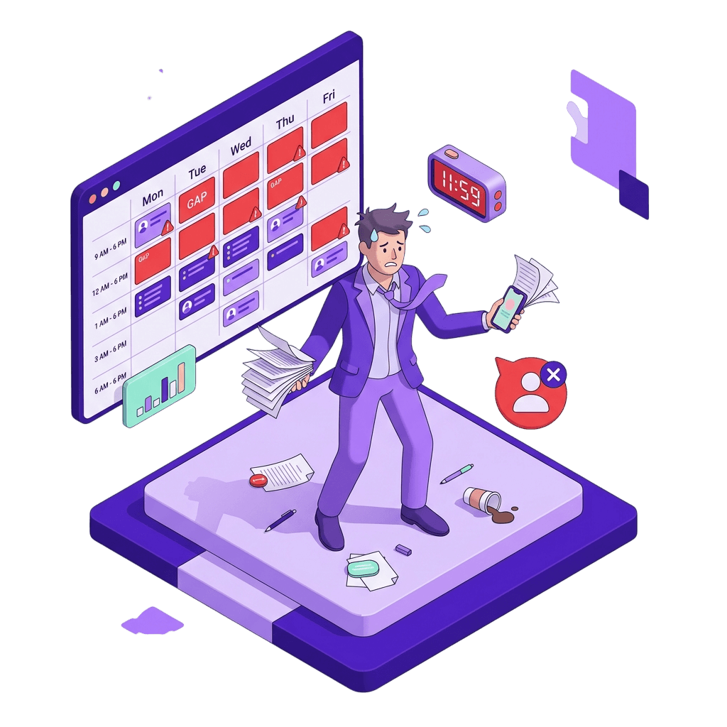 A shift manager overwhelmed by an empty schedule and last-minute alerts